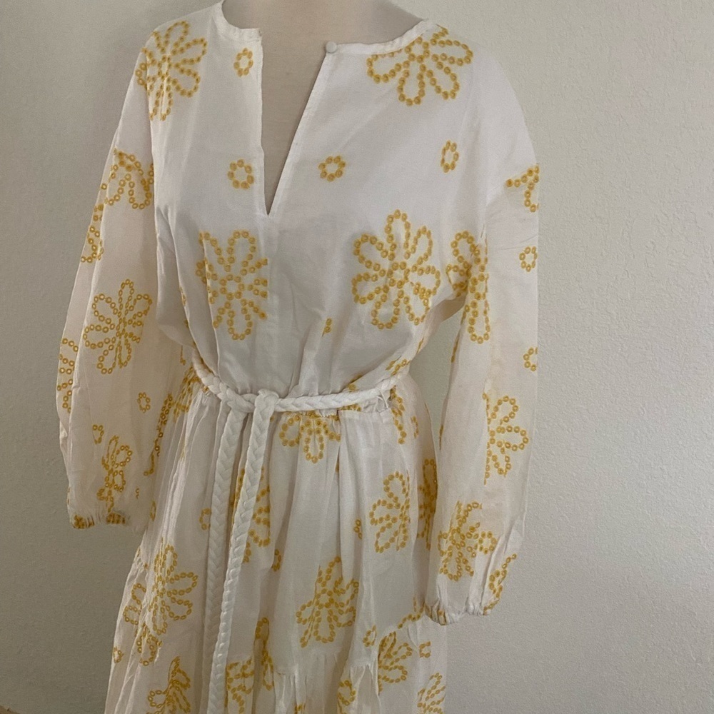 Alexis White Yellow Cottage Core Embroidered Eyelet Midi‎ Dress Women's Large - Picture 3 of 13
